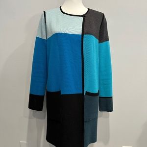Per Se reversible long wool cardigan; blue color block “Mondrian” pattern. EUC!